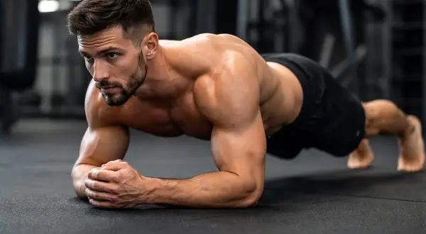 Un homme musclé maintient une position de gainage ventre, concentré sur son entraînement en salle de sport.