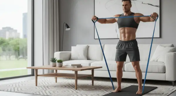 Un homme musclé fait un exercice avec élastique dans son salon moderne. Il se tient sur un tapis de yoga, les bras tendus.