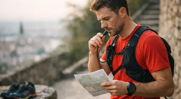 Un coureur consulte sa carte, prêt pour un urban trail à Lyon. Il boit de l'eau en admirant la vue.