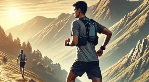 Un homme court en montagne, profitant d'une belle rando course au lever du soleil. Un autre coureur est visible plus loin sur le sentier.