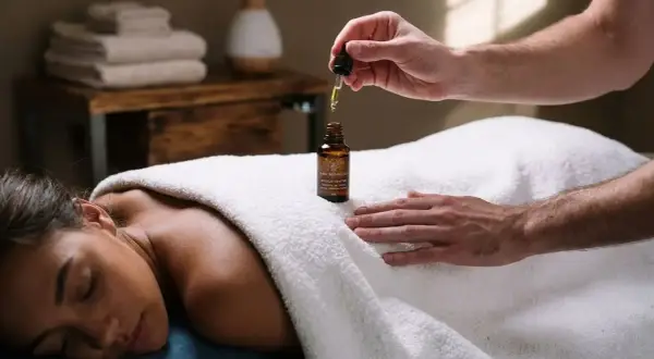 Massage relaxant avec huile pour soulager une crampe. Une main applique des gouttes d'huile sur le dos d'une femme allongée.