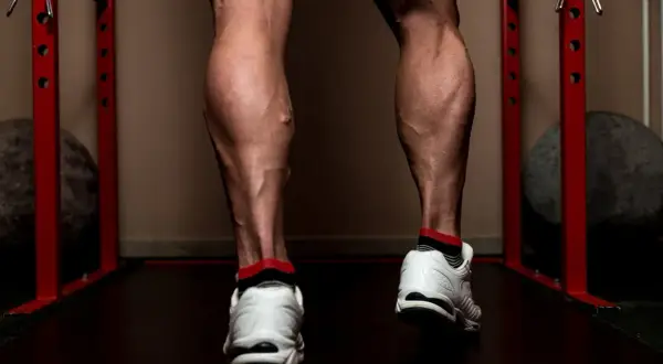Jambes musclées en plein exercice mollet, avec des chaussures de sport blanches et des chaussettes rouges et noires.