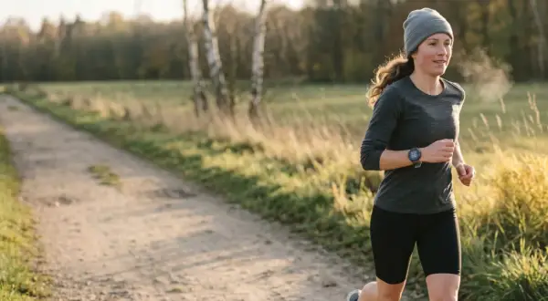 Femme courant dans un paysage rural, se demandant combien de km courir par semaine pour maigrir. La vapeur s'échappe de sa bouche par temps frais.