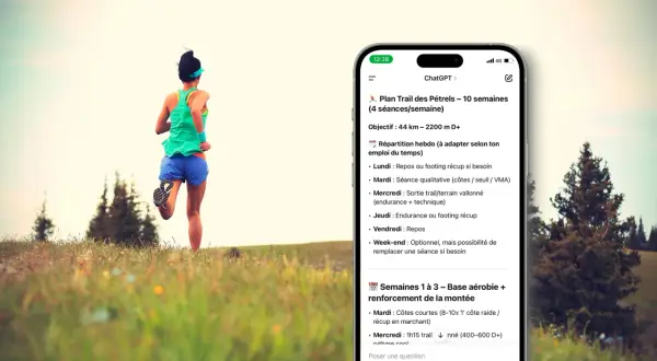 Une coureuse en plein effort, un téléphone affichant un plan d'entraînement trail. Ce plan, conçu pour éviter le syndrome red s, détaille les séances pour optimiser la performance.