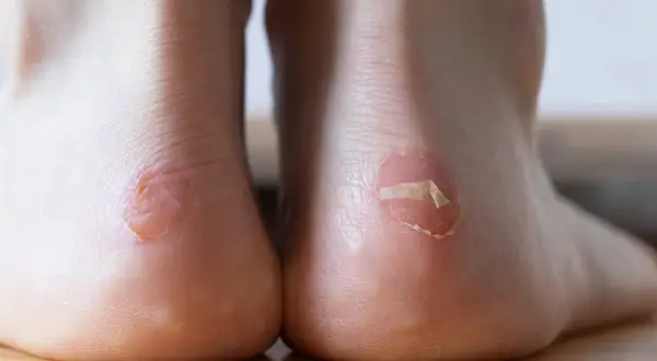 Gros plan sur des talons avec des ampoules, signe qu'il faut éviter les ampoules au talon en choisissant de bonnes chaussures.