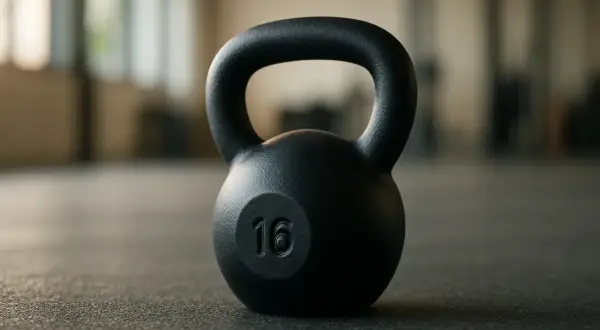 Un kettlebell noir de 16 kg sur un sol de salle de sport, prêt pour un exercice intense.