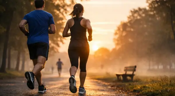 Un couple court chaque jour au lever du soleil dans un parc brumeux, profitant de la nature et de l'exercice.