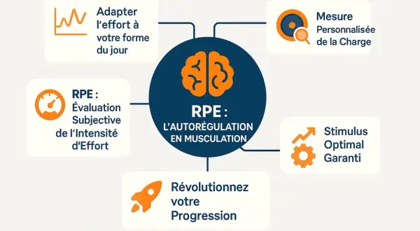 Schéma expliquant le RPE (Évaluation Subjective de l'Intensité d'Effort) pour l'autorégulation en musculation : adapter l'effort, mesurer la charge, stimulus optimal, révolutionner la progression.