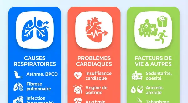 Infographie sur les causes de la dyspnée d'effort : problèmes respiratoires (asthme, fibrose), cardiaques (insuffisance, angine) et facteurs de vie (sédentarité, tabagisme).