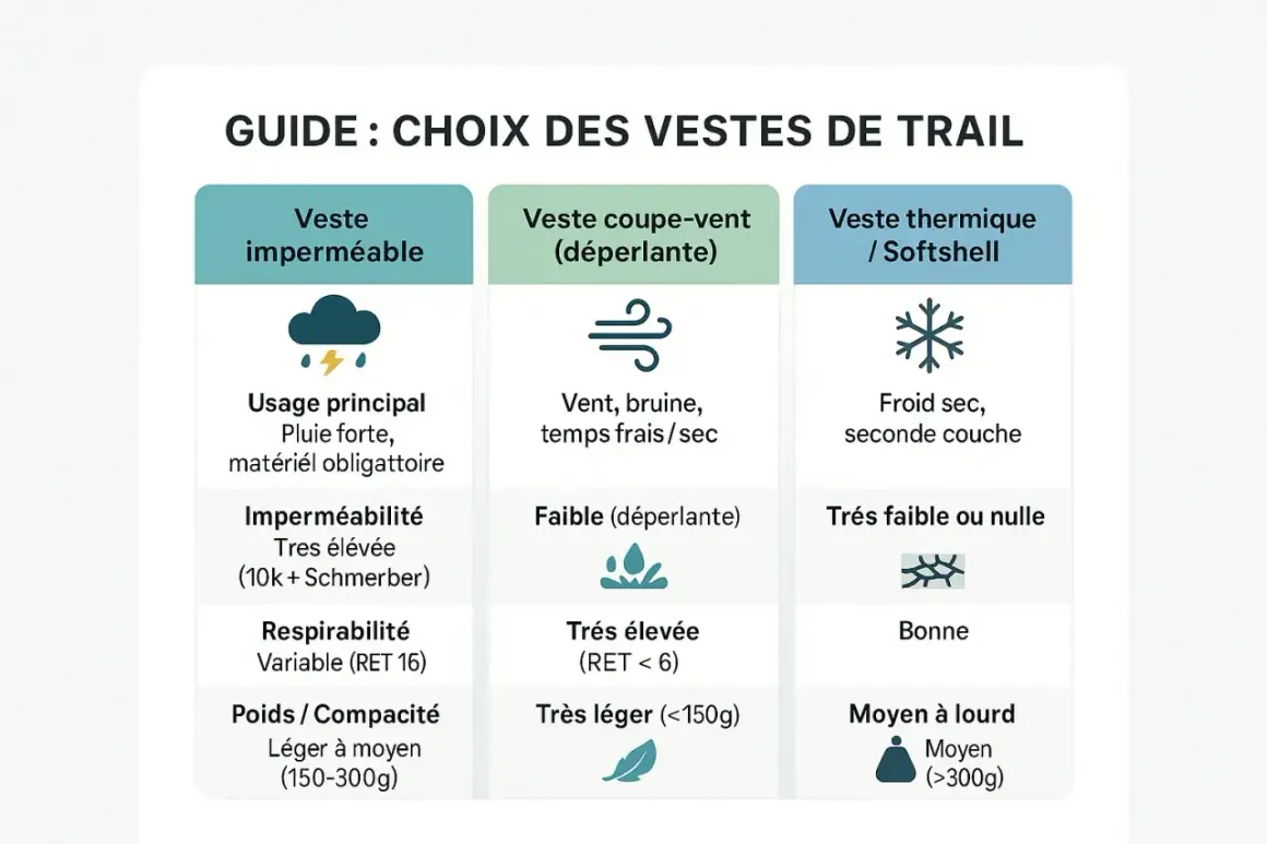 Guide pour choisir une veste de trail : imperméable, coupe-vent ou thermique. Chaque marque de trail propose des options pour toutes conditions.