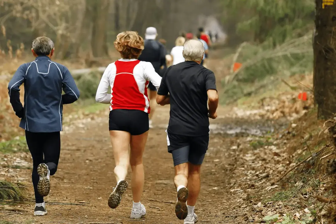 Des coureurs sur un sentier forestier, peut-être dans le cadre d'un programme 10km 40min.