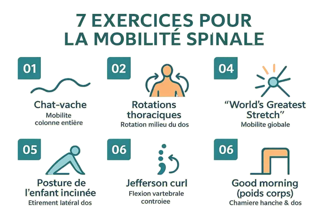 Sept exercices pour la mobilité spinale, incluant le chat-vache, rotations thoraciques, "World's Greatest Stretch", posture de l'enfant inclinée pour un étirement latéral du dos, Jefferson curl et good morning.