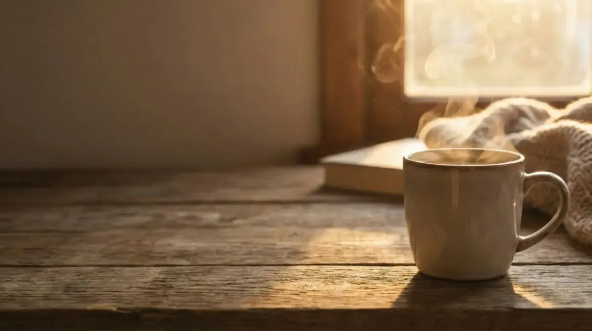 Une tasse de café fumant sur une table en bois, avec un livre et une couverture. Un moment de détente malgré la tendinite.