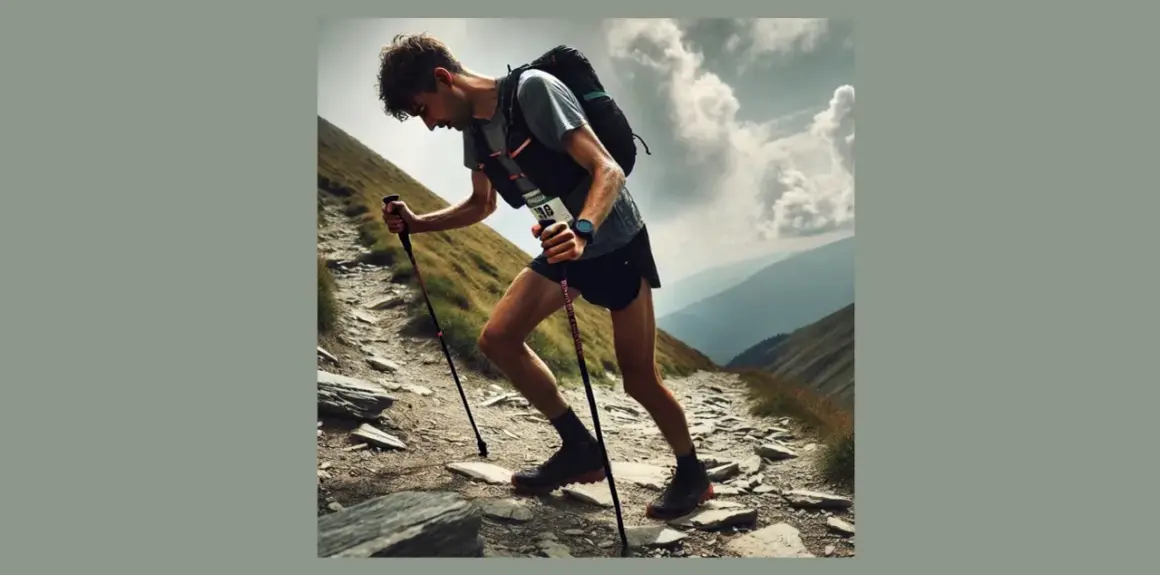 Un coureur en plein effort sur un sentier rocailleux en montagne, bâtons à la main. Un défi de 15 km sans entraînement, l'ascension est rude.