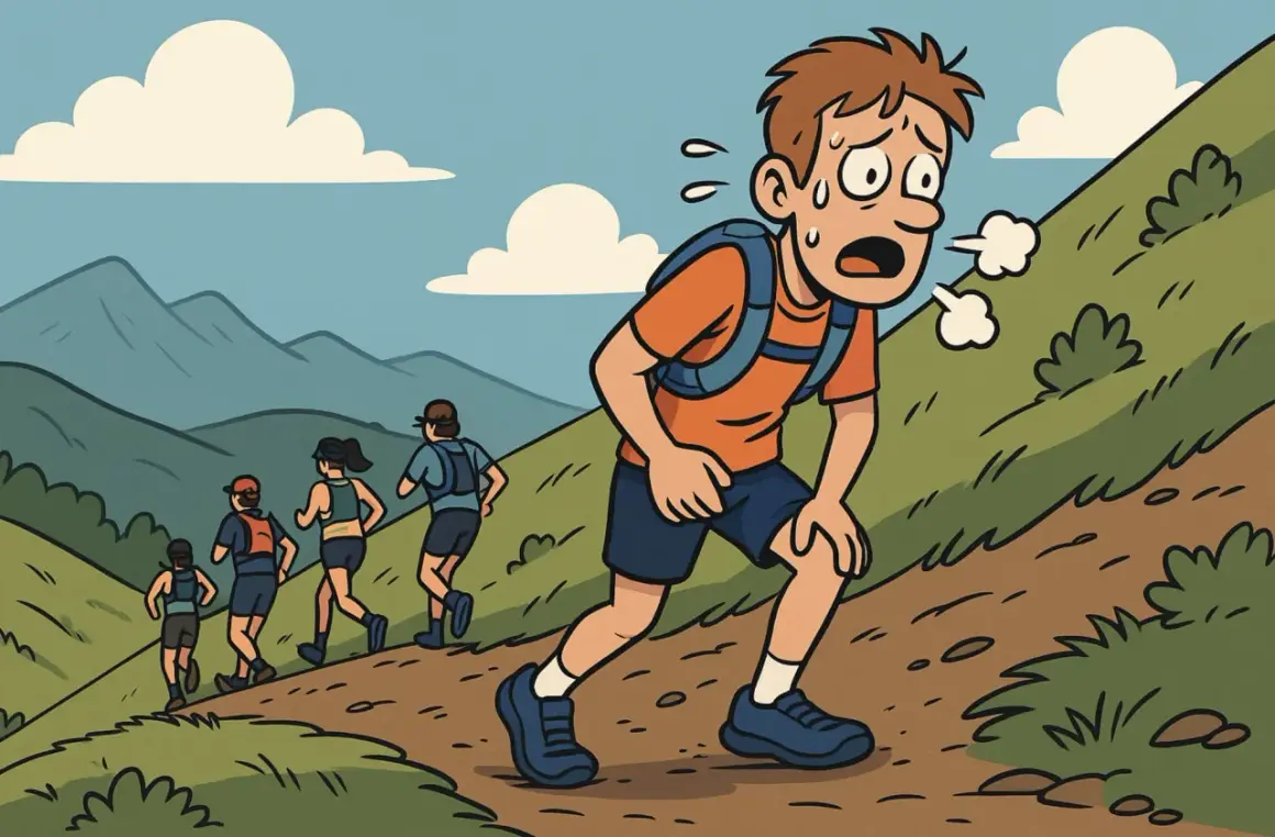 Un jeune homme essoufflé sur un sentier de montagne, tandis que d'autres courent devant. L'actualité du trail est parfois éprouvante !