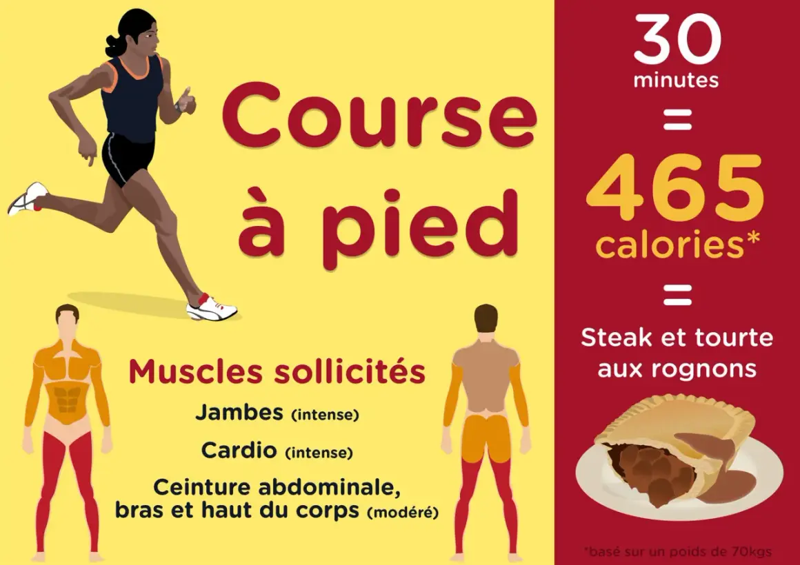 Course à pied : 30 min = 465 calories. L'effort sollicite jambes, cardio, ceinture abdominale, bras et haut du corps.