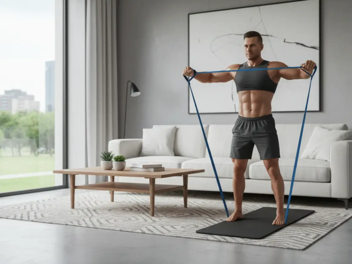 Un homme musclé fait un exercice avec élastique dans son salon moderne. Il se tient sur un tapis de yoga, les bras tendus.