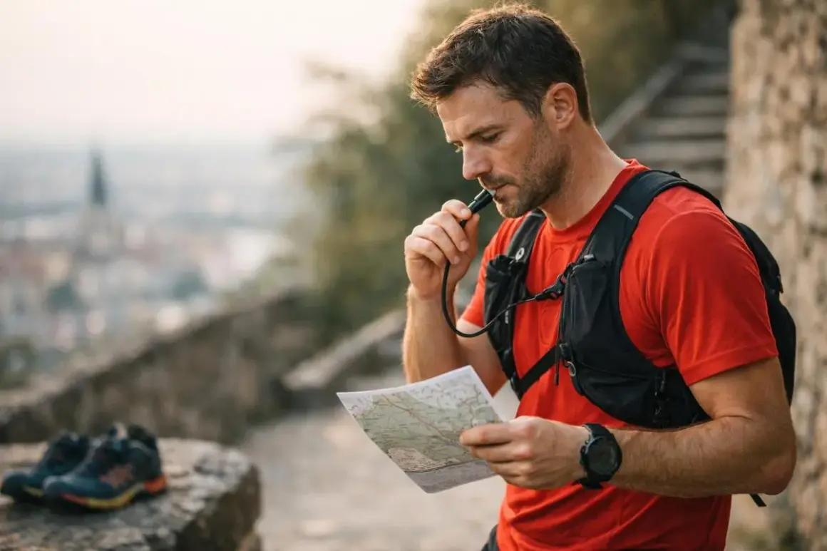Un coureur consulte sa carte, prêt pour un urban trail à Lyon. Il boit de l'eau en admirant la vue.