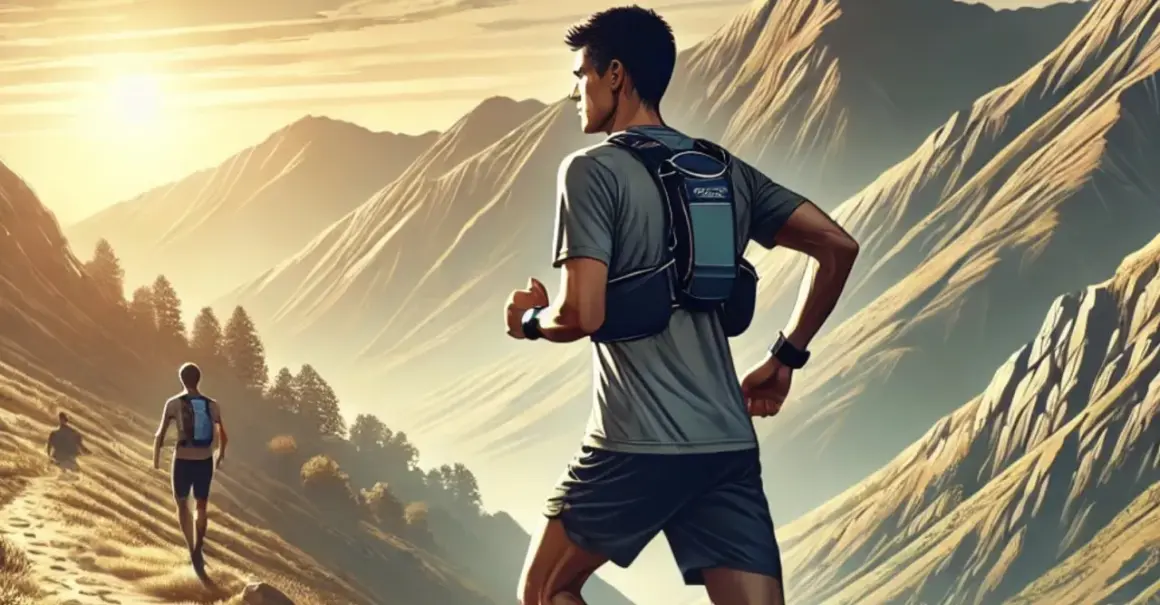 Un homme court en montagne, profitant d'une belle rando course au lever du soleil. Un autre coureur est visible plus loin sur le sentier.