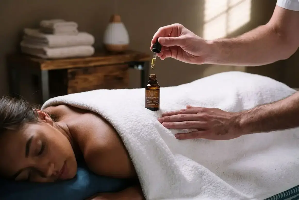 Massage relaxant avec huile pour soulager une crampe. Une main applique des gouttes d'huile sur le dos d'une femme allongée.