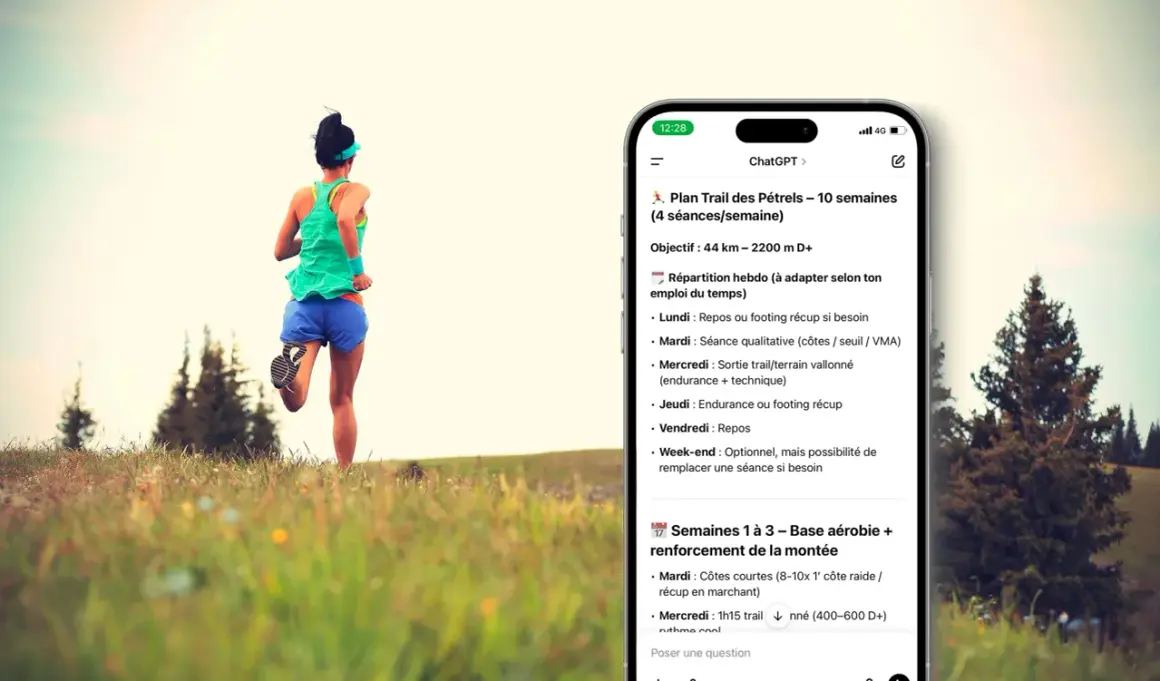 Une coureuse en plein effort, un téléphone affichant un plan d'entraînement trail. Ce plan, conçu pour éviter le syndrome red s, détaille les séances pour optimiser la performance.