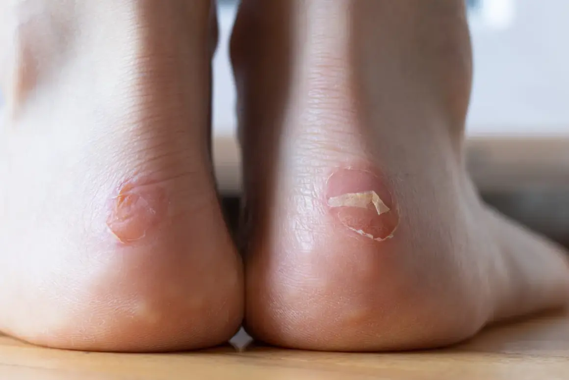 Gros plan sur des talons avec des ampoules, signe qu'il faut éviter les ampoules au talon en choisissant de bonnes chaussures.