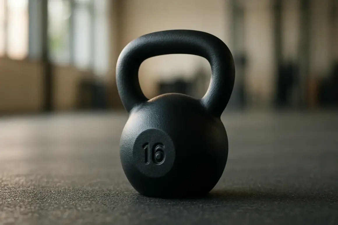 Un kettlebell noir de 16 kg sur un sol de salle de sport, prêt pour un exercice intense.