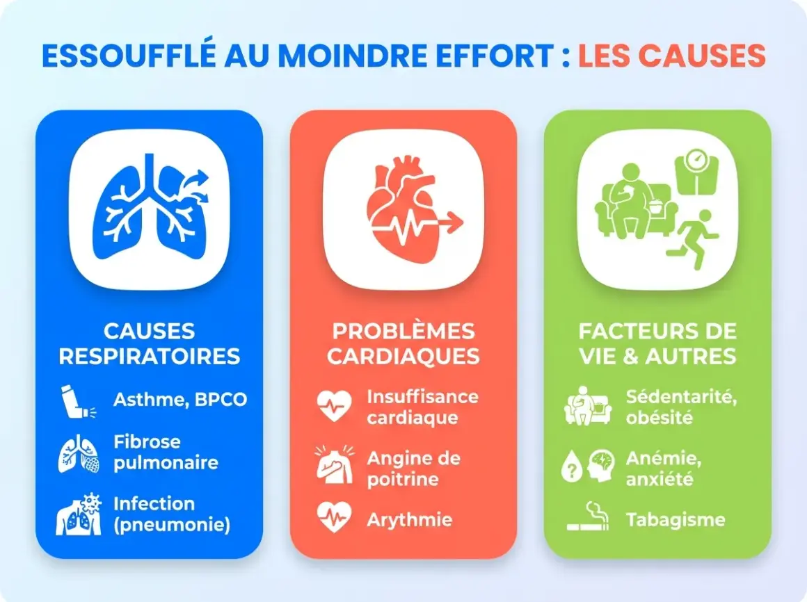 Infographie sur les causes de la dyspnée d'effort : problèmes respiratoires (asthme, fibrose), cardiaques (insuffisance, angine) et facteurs de vie (sédentarité, tabagisme).