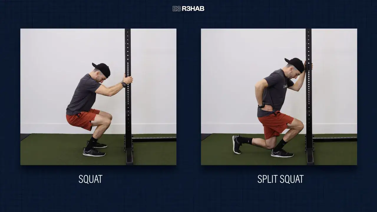 Un homme fait un squat et un split squat, deux exercices de sport pour renforcer les jambes.