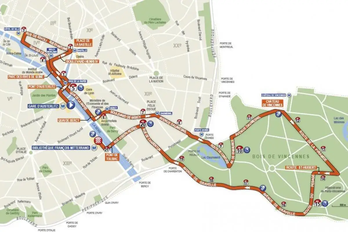 Carte du semi-marathon de Tulle, traversant Paris, le Bois de Vincennes et le Château de Vincennes.