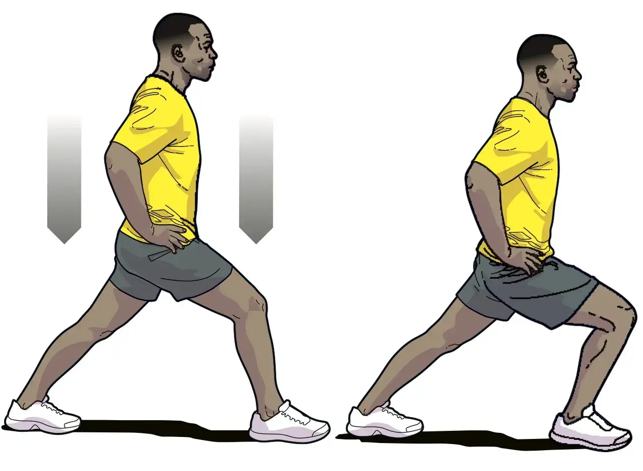 Un homme effectue un &eacute;tirement quadriceps, en fl&eacute;chissant une jambe et en gardant l'autre tendue derri&egrave;re lui pour un &eacute;tirement optimal.