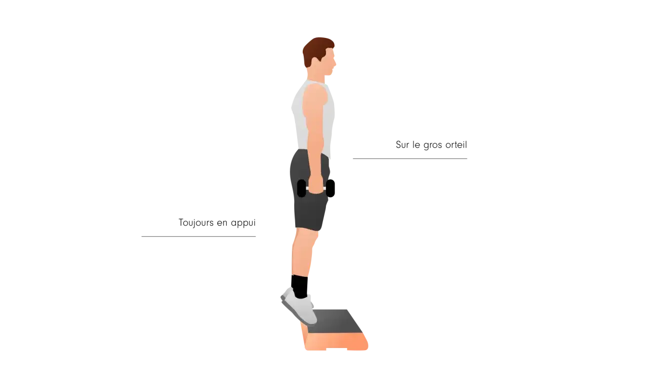 Homme effectuant un exercice de mollet sur un step, tenant une haltère.