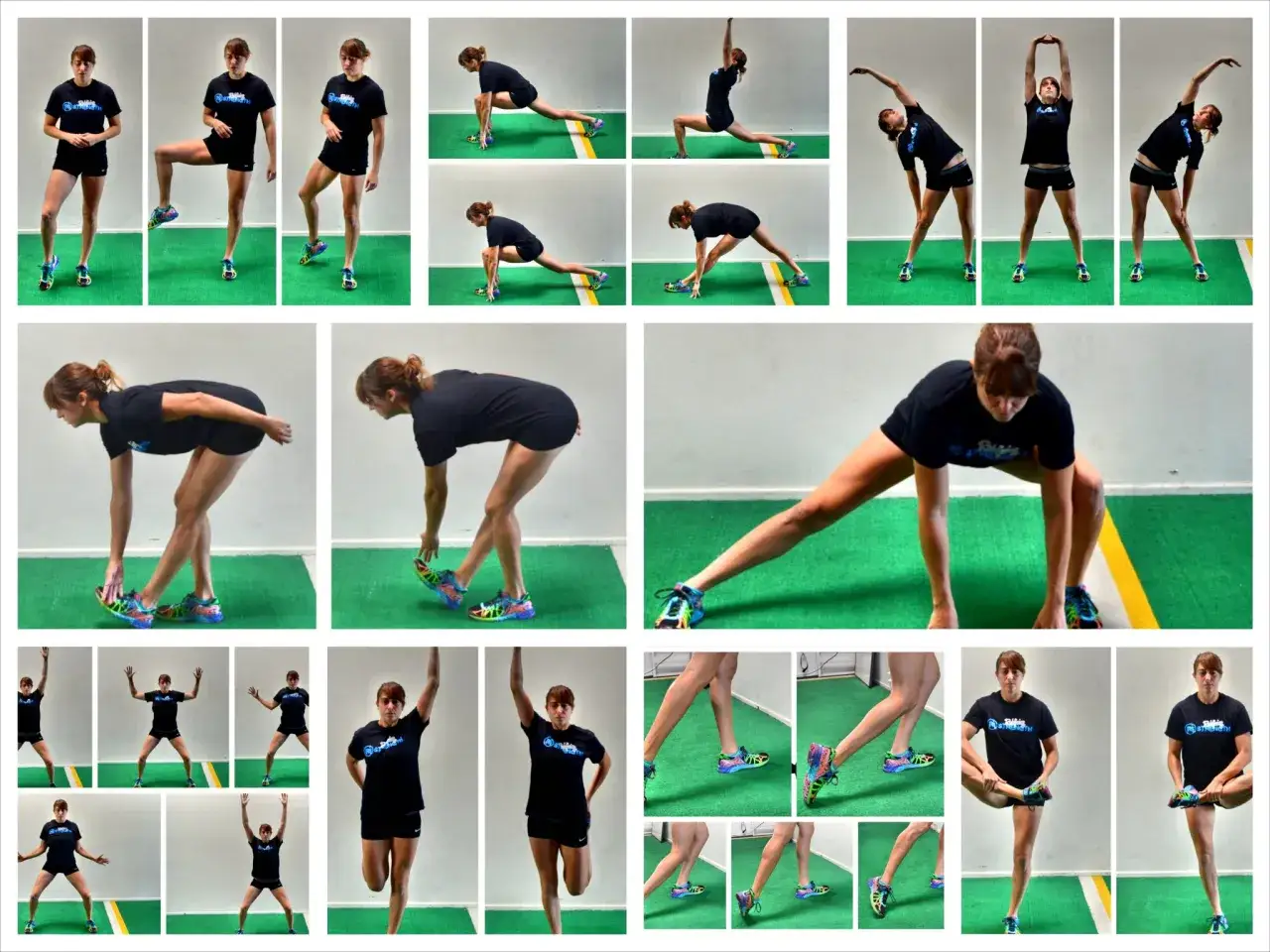 Une athlète enchaîne des mouvements d'étirement après trail, sollicitant ses jambes et son tronc pour une récupération optimale.