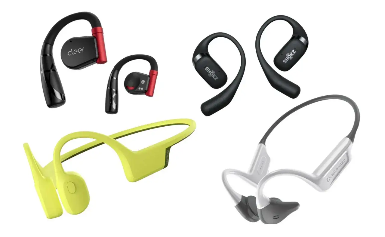 Quatre paires d'écouteurs sans fil, parfaits pour la musique pour courir. Des modèles Cleer, Shokz, Suunto et Wildhorn.
