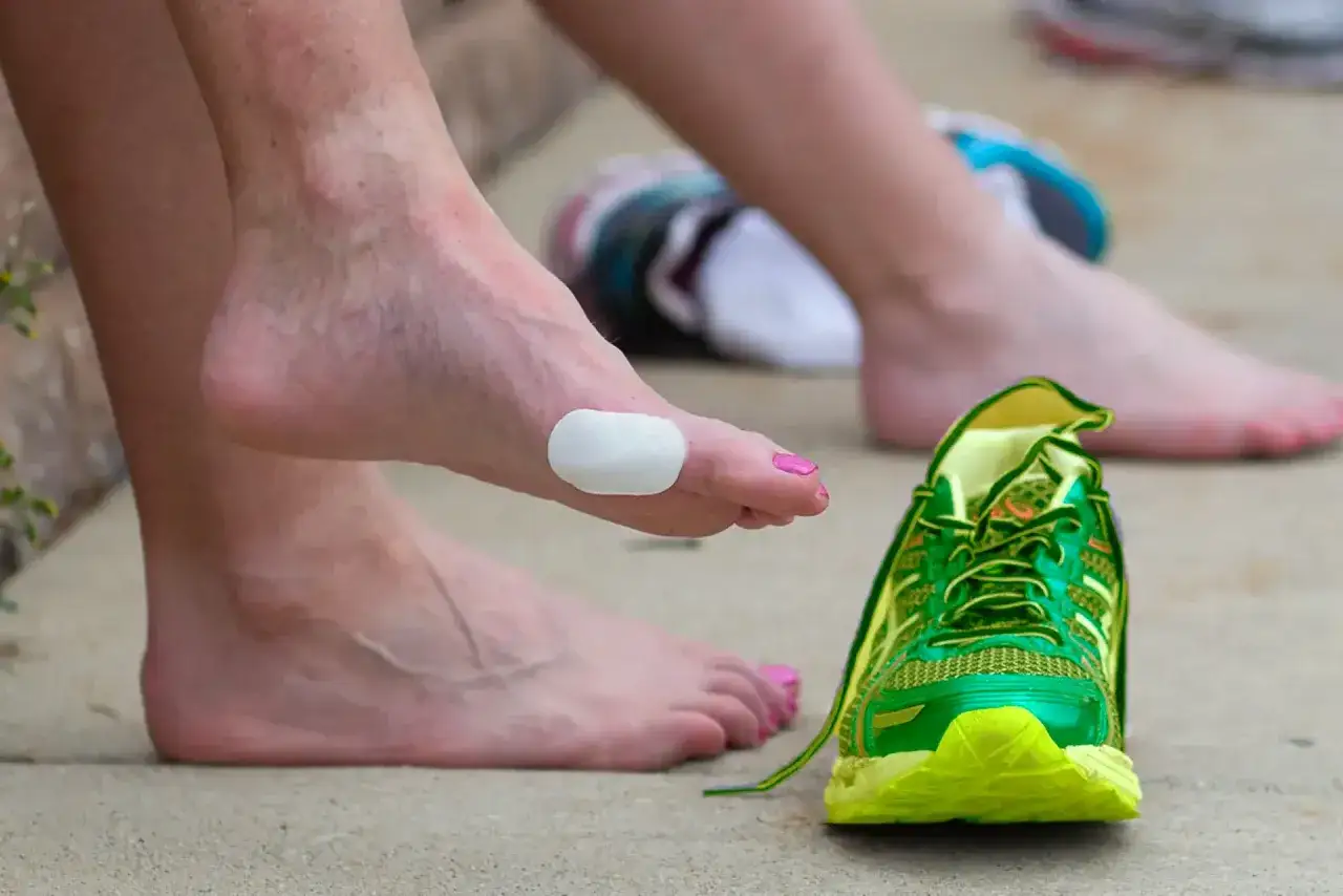 Une ampoule sur le pied, juste avant de mettre la chaussure de course verte.