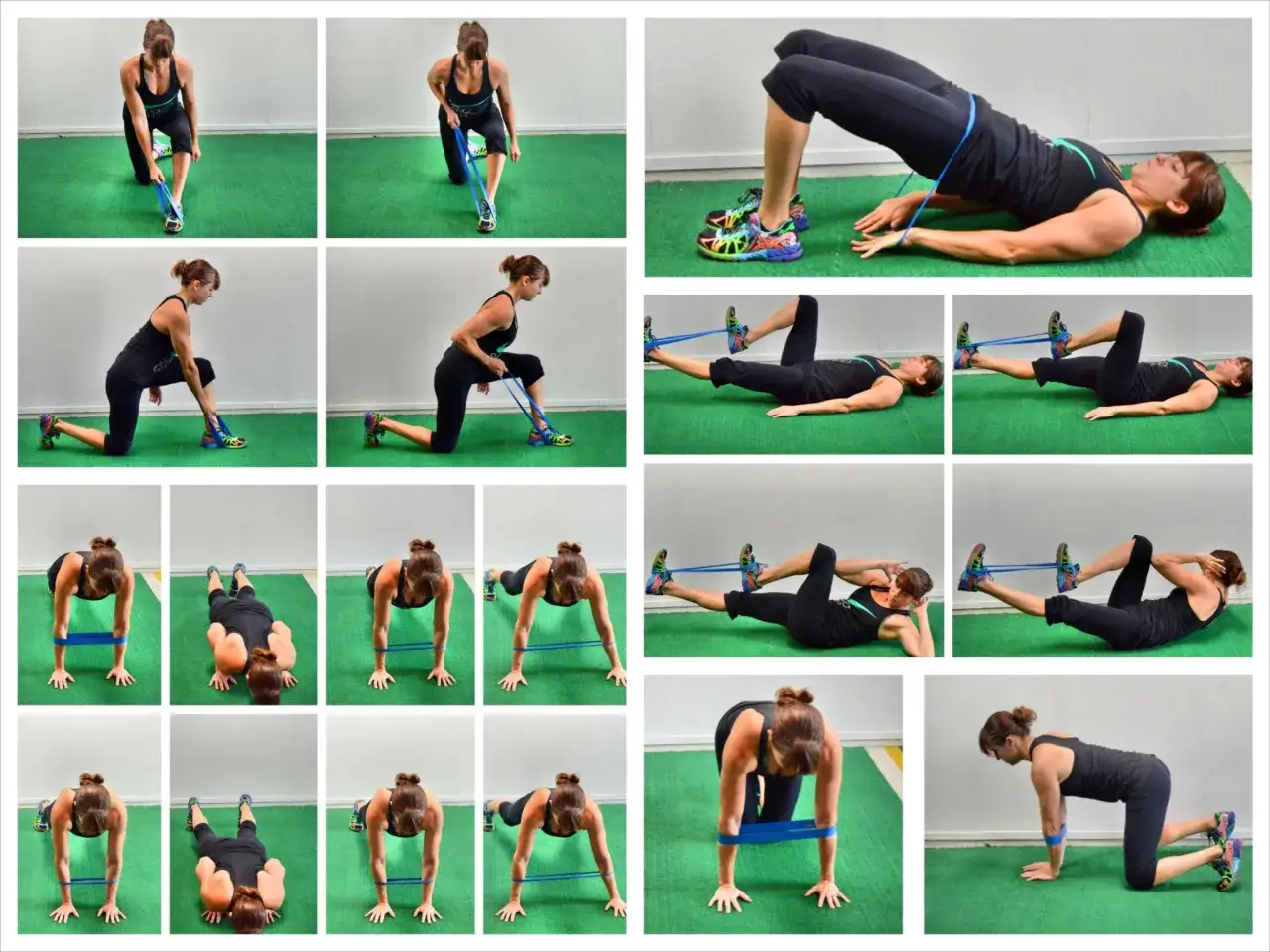 Femme effectuant un exercice avec &eacute;lastique pour le renforcement musculaire des jambes et du tronc.