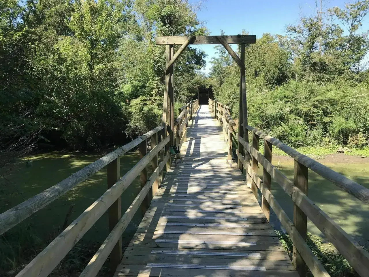 Pont en bois traversant un marais verdoyant, un chemin de randonn&eacute;e en &Icirc;le-de-France.