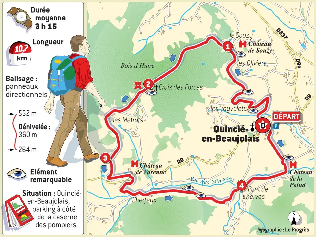 Carte du marathon du Beaujolais : 10,7 km, 360m de d&eacute;nivel&eacute;. D&eacute;part Quinci&eacute;-en-Beaujolais. Points d'int&eacute;r&ecirc;t : Ch&acirc;teaux, Croix des Forces.