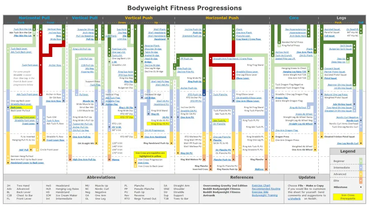 Graphique de progression en musculation poids du corps, montrant des exercices pour le dos, le tronc et les jambes.