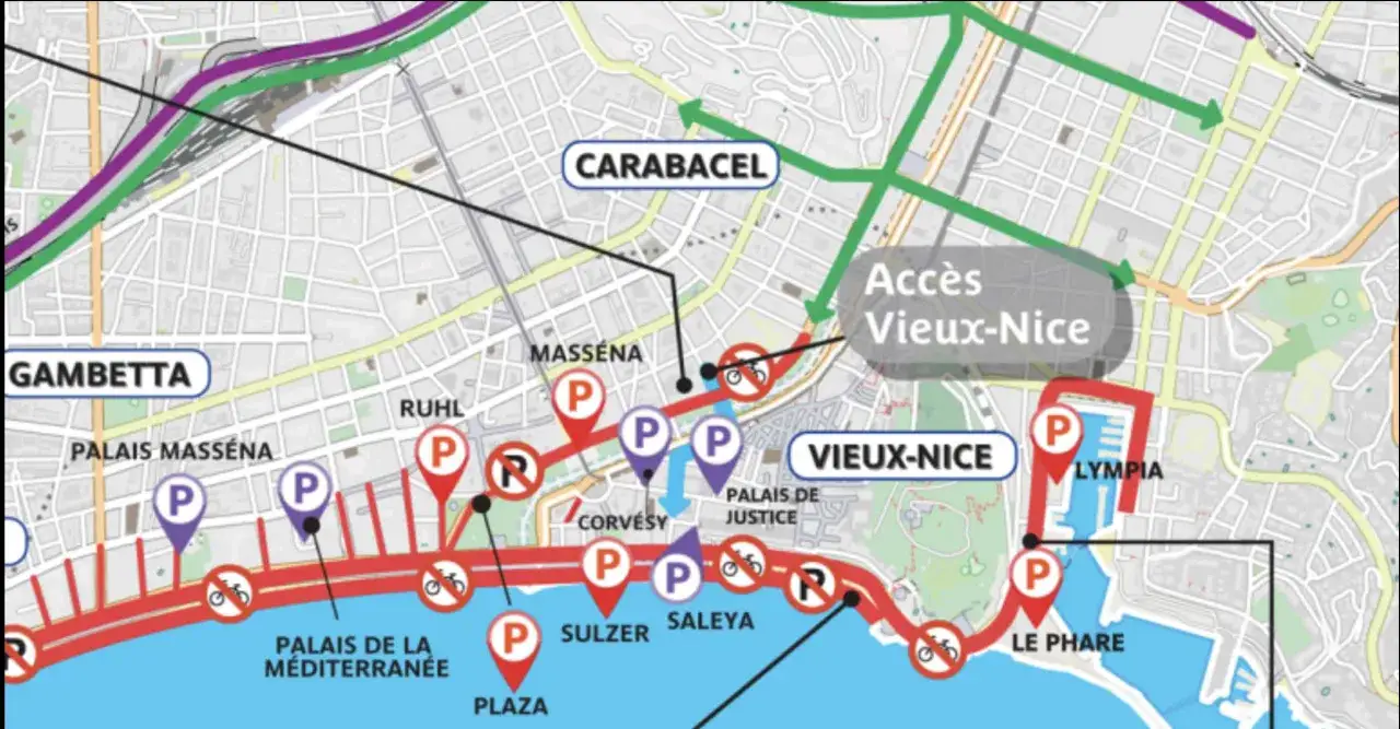 Carte du semi-marathon de Nice, montrant le parcours le long de la Promenade des Anglais, avec des indications pour Vieux-Nice et des parkings.