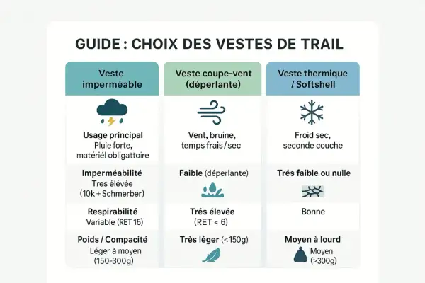 Guide pour choisir une veste de trail : imperméable, coupe-vent ou thermique. Chaque marque de trail propose des options pour toutes conditions.