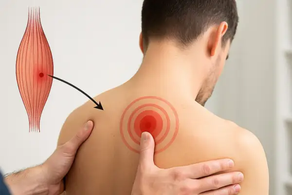 Illustration d'un muscle montrant un trigger point, avec une flèche pointant vers une zone douloureuse sur l'épaule d'un homme.