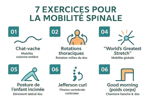 Sept exercices pour la mobilité spinale, incluant le chat-vache, rotations thoraciques, "World's Greatest Stretch", posture de l'enfant inclinée pour un étirement latéral du dos, Jefferson curl et good morning.