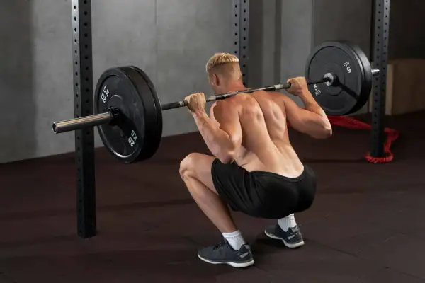 Un homme réalise un squat avec une barre chargée dans une salle de sport. Ce mouvement de squat sport est essentiel pour le développement musculaire.