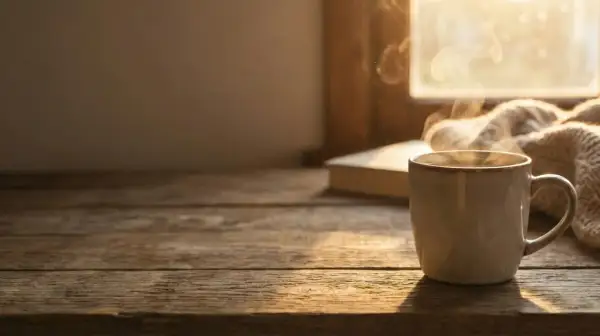 Une tasse de café fumant sur une table en bois, avec un livre et une couverture. Un moment de détente malgré la tendinite.