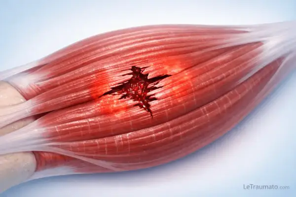 Déchirure profonde dans un muscle, montrant le sang et les fibres musculaires séparées. Un exemple visuel de claquage musculaire.