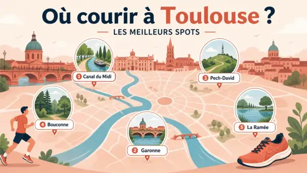 Carte de Toulouse indiquant les meilleurs spots pour courir : Canal du Midi, Garonne, Pech-David, Bouconne et La Ramée.