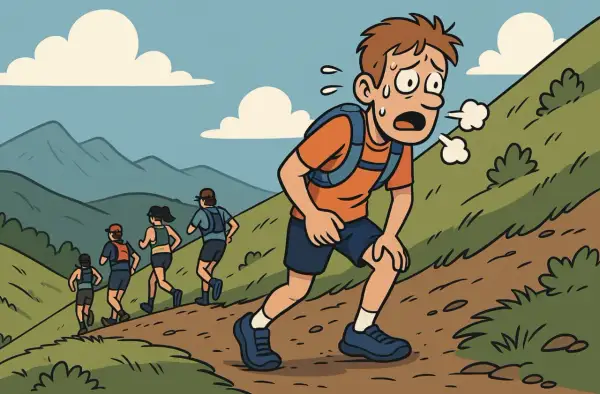 Un jeune homme essoufflé sur un sentier de montagne, tandis que d'autres courent devant. L'actualité du trail est parfois éprouvante !