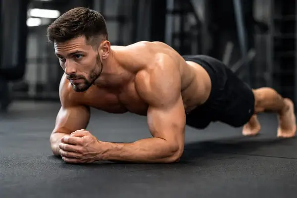 Un homme musclé maintient une position de gainage ventre, concentré sur son entraînement en salle de sport.