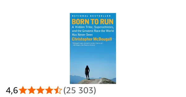 Couverture du livre "Born to Run" : une silhouette se tient sur un rocher, face à un paysage montagneux sous un ciel bleu. L'image évoque l'esprit de ceux qui sont nés pour courir.